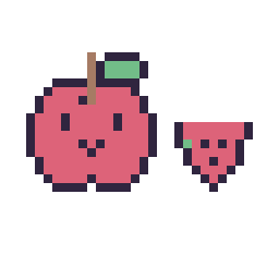 Pixel art Pomme kawaii 16 × 16 et Pastèque simple 10 × 10, grille 32 × 32