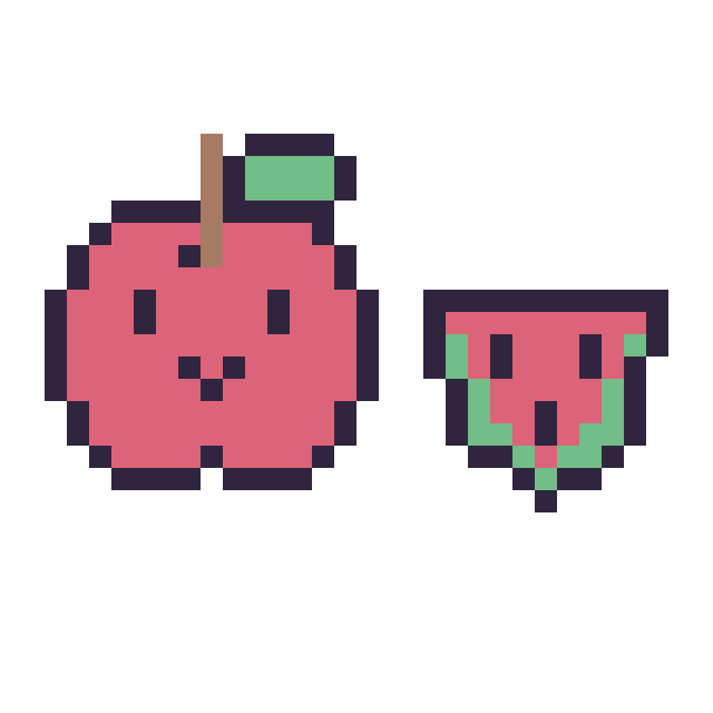 Modèle de pixel art Pomme kawaii 16 × 16 et Pastèque simple 12 × 12 sur une grille de 32 par 32 cases