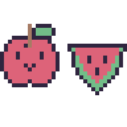 Pixel art Pomme kawaii 16 × 16 et Pastèque simple 16 × 16, grille 32 × 32