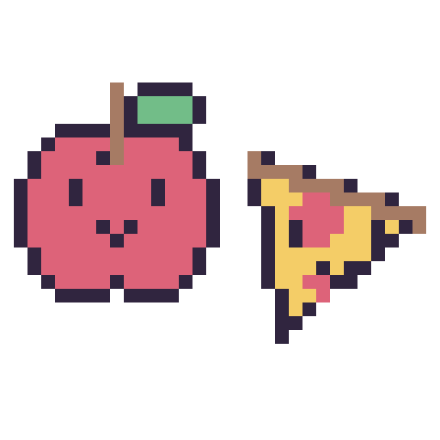 Modèle de pixel art Pomme kawaii 16 × 16 et Pizza kawaii 16 × 16 sur une grille de 32 par 32 cases