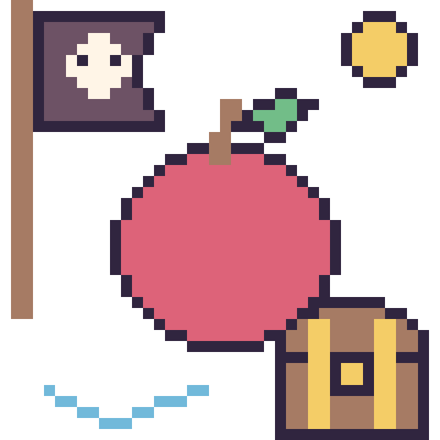Modèle de pixel art Pomme en aventure pirate sur une grille de 40 par 40 cases
