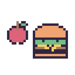 Pixel art Pomme simple 10 × 10 et Burger kawaii 16 × 16, grille 32 × 32