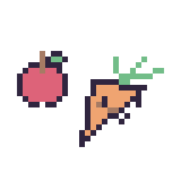 Pixel art Pomme simple 10 × 10 et Carotte kawaii 16 × 16, grille 32 × 32