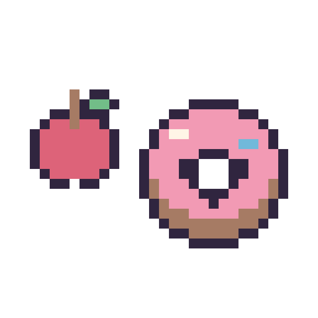 Modèle de pixel art Pomme simple 10 × 10 et Donut kawaii 16 × 16 sur une grille de 32 par 32 cases