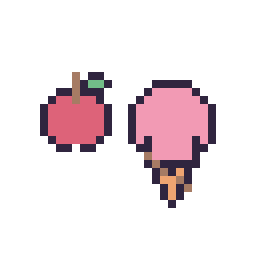 Pixel art Pomme simple 10 × 10 et Glace kawaii 16 × 16, grille 32 × 32