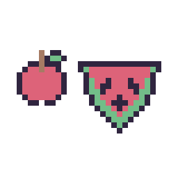 Pixel art Pomme simple 10 × 10 et Pastèque kawaii 16 × 16, grille 32 × 32