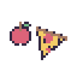 Pixel art Pomme simple 10 × 10 et Pizza kawaii 16 × 16, grille 32 × 32