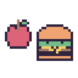 Pixel art Pomme simple 12 × 12 et Burger kawaii 16 × 16, grille 32 × 32