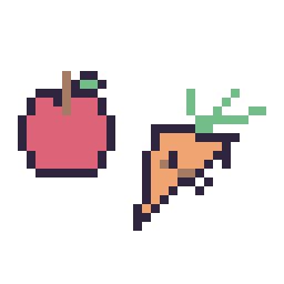 Pixel art Pomme simple 12 × 12 et Carotte kawaii 16 × 16, grille 32 × 32