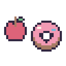 Pixel art Pomme simple 12 × 12 et Donut kawaii 16 × 16, grille 32 × 32