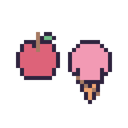 Pixel art Pomme simple 12 × 12 et Glace kawaii 16 × 16, grille 32 × 32