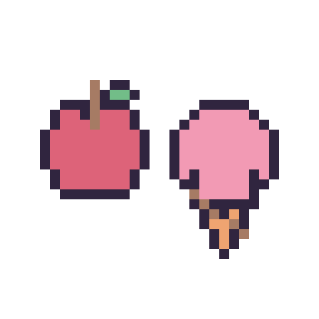 Modèle de pixel art Pomme simple 12 × 12 et Glace kawaii 16 × 16 sur une grille de 32 par 32 cases