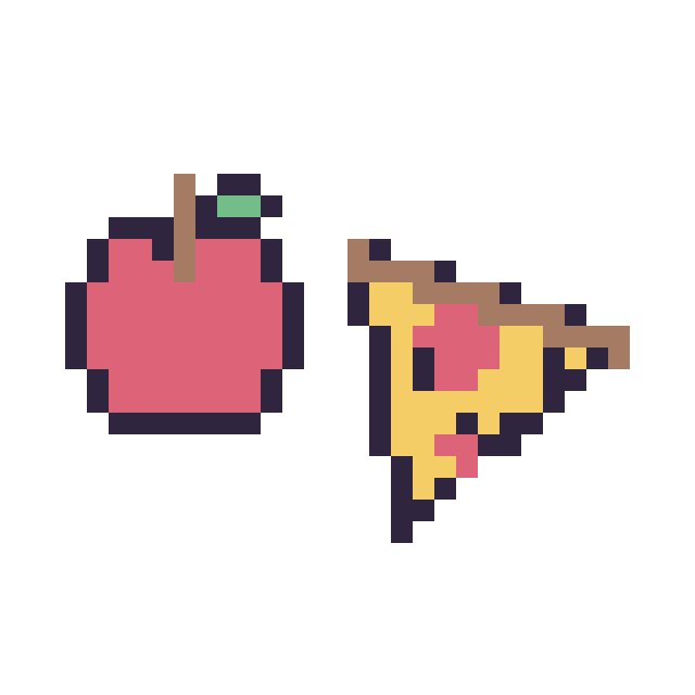 Modèle de pixel art Pomme simple 12 × 12 et Pizza kawaii 16 × 16 sur une grille de 32 par 32 cases