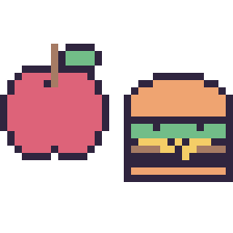 Pixel art Pomme simple 16 × 16 et Burger kawaii 16 × 16, grille 32 × 32