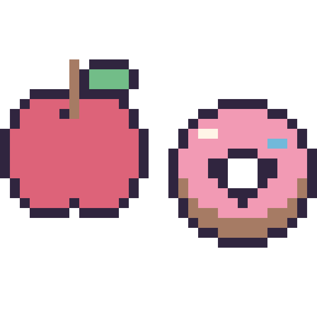 Modèle de pixel art Pomme simple 16 × 16 et Donut kawaii 16 × 16 sur une grille de 32 par 32 cases