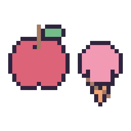 Pixel art Pomme simple 16 × 16 et Glace kawaii 16 × 16, grille 32 × 32