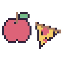Pixel art Pomme simple 16 × 16 et Pizza kawaii 16 × 16, grille 32 × 32