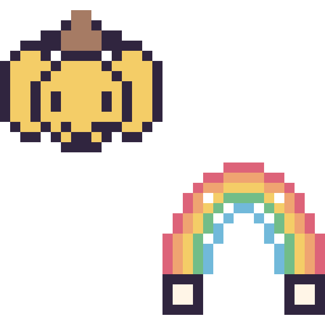 Modèle de pixel art Pompompurin mini et Arc-en-ciel simple 16 × 16 sur une grille de 32 par 32 cases