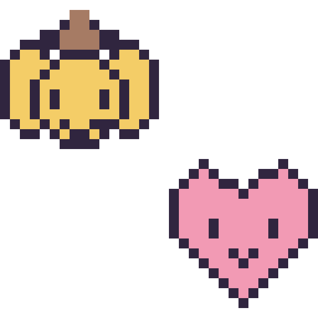 Modèle de pixel art Pompompurin mini et Cœur kawaii 16 × 16 sur une grille de 32 par 32 cases