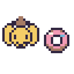 Pixel art Pompompurin mini et Donut simple 12 × 12, grille 32 × 32