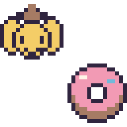 Pixel art Pompompurin mini et Donut simple 16 × 16, grille 32 × 32
