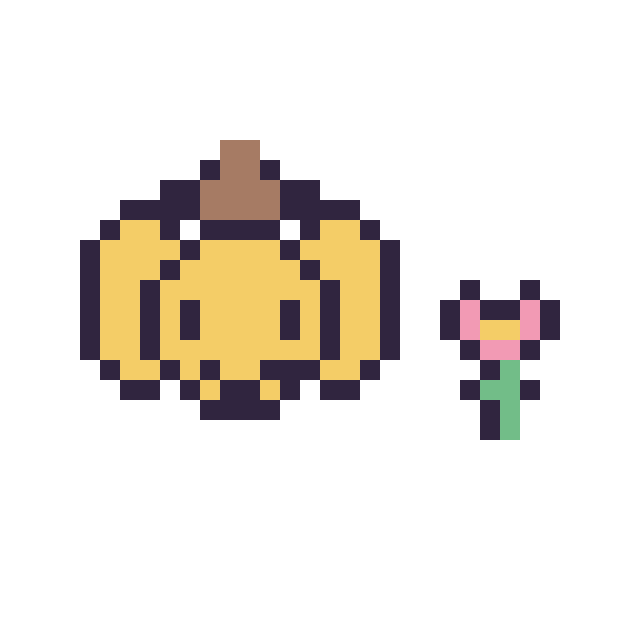 Modèle de pixel art Pompompurin mini et Fleur mini sur une grille de 32 par 32 cases
