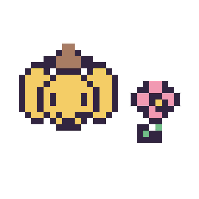 Modèle de pixel art Pompompurin mini et Fleur simple 10 × 10 sur une grille de 32 par 32 cases