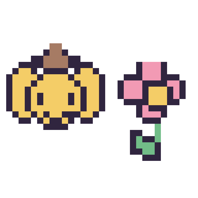 Modèle de pixel art Pompompurin mini et Fleur simple 16 × 16 sur une grille de 32 par 32 cases