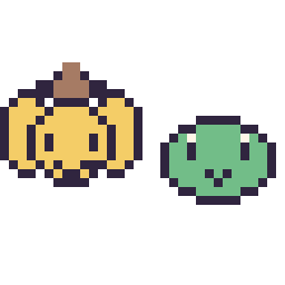 Pixel art Pompompurin mini et Keroppi mini, grille 32 × 32