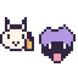 Pixel art Ponyta mini et Kokiyas mini, grille 32 × 32