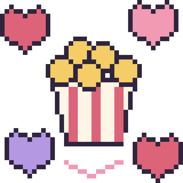 Modèle de pixel art Pop-corn avec des cœurs sur une grille de 40 par 40 cases