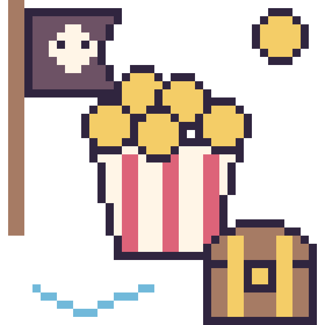 Modèle de pixel art Pop-corn en aventure pirate sur une grille de 40 par 40 cases