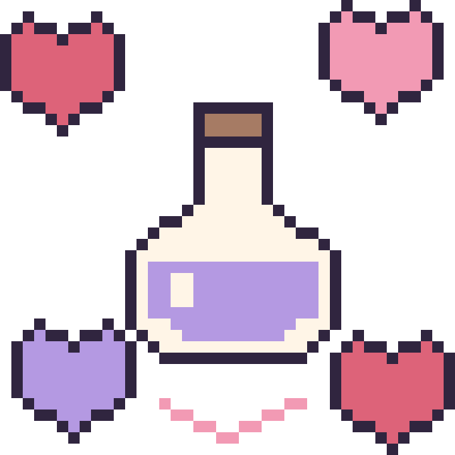 Modèle de pixel art Potion avec des cœurs sur une grille de 40 par 40 cases