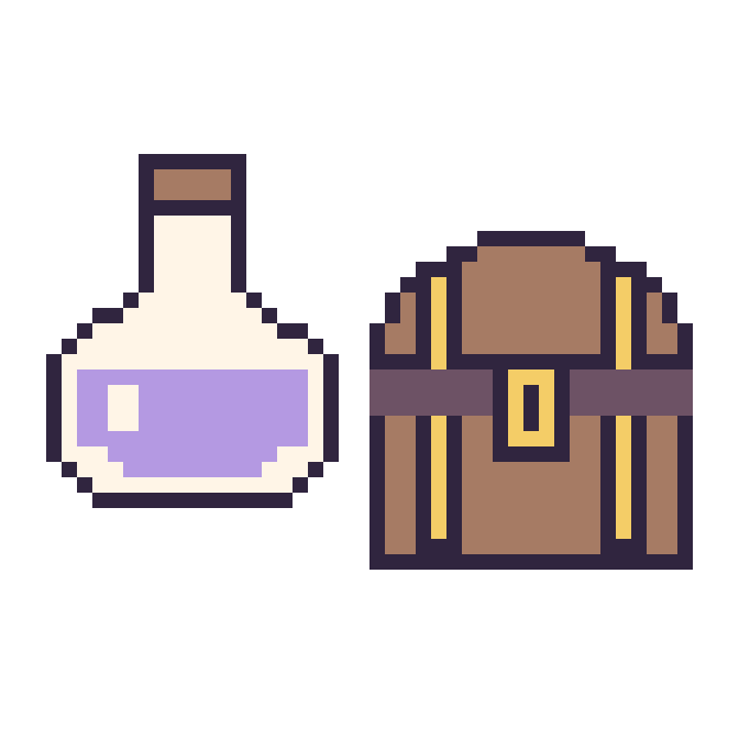 Modèle de pixel art Potion et Coffre de pirate sur une grille de 48 par 48 cases