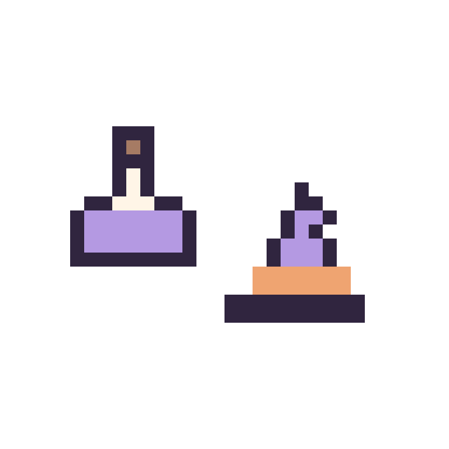 Modèle de pixel art Potion simple 10 × 10 et Chapeau de sorcière simple 10 × 10 sur une grille de 32 par 32 cases
