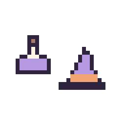 Pixel art Potion simple 10 × 10 et Chapeau de sorcière simple 12 × 12, grille 32 × 32