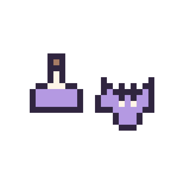 Modèle de pixel art Potion simple 10 × 10 et Chauve-souris simple 10 × 10 sur une grille de 32 par 32 cases