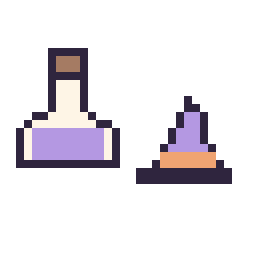 Pixel art Potion simple 16 × 16 et Chapeau de sorcière simple 12 × 12, grille 32 × 32