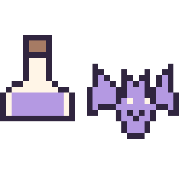 Modèle de pixel art Potion simple 16 × 16 et Chauve-souris kawaii 16 × 16 sur une grille de 32 par 32 cases