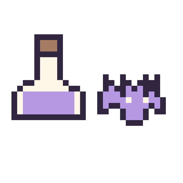 Modèle de pixel art Potion simple 16 × 16 et Chauve-souris simple 12 × 12 sur une grille de 32 par 32 cases