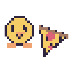 Pixel art Poussin kawaii 16 × 16 et Pizza kawaii 16 × 16, grille 32 × 32