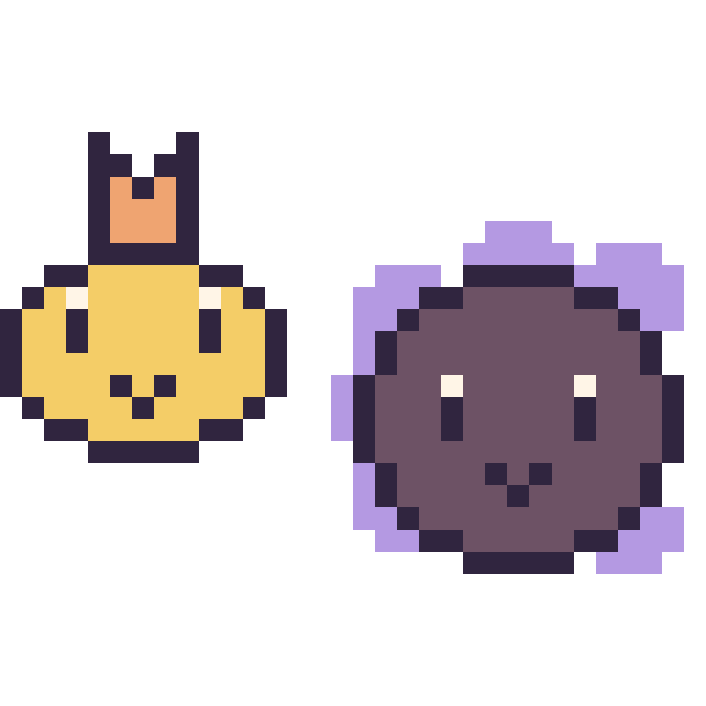 Modèle de pixel art Psykokwak mini et Fantominus mini sur une grille de 32 par 32 cases