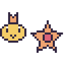 Pixel art Psykokwak mini et Stari mini, grille 32 × 32