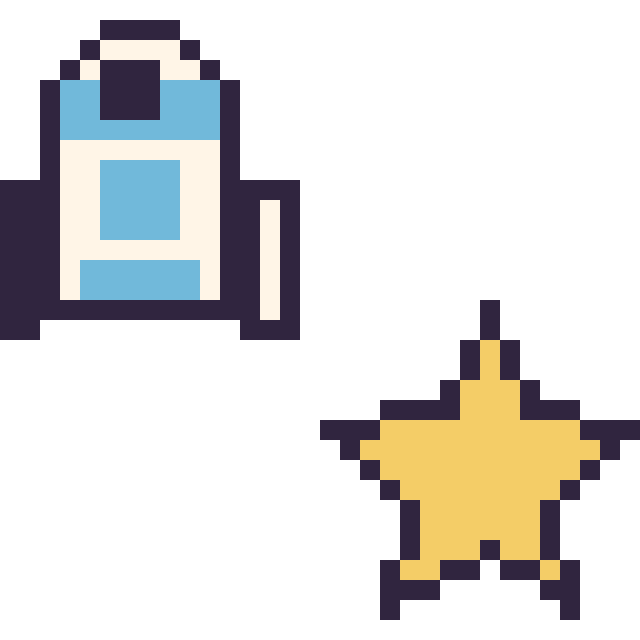 Modèle de pixel art R2-D2 mini et Étoile simple 16 × 16 sur une grille de 32 par 32 cases