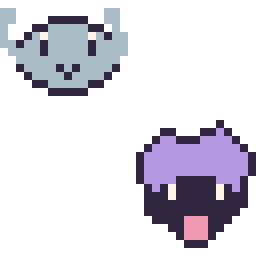 Pixel art Racaillou mini et Kokiyas mini, grille 32 × 32