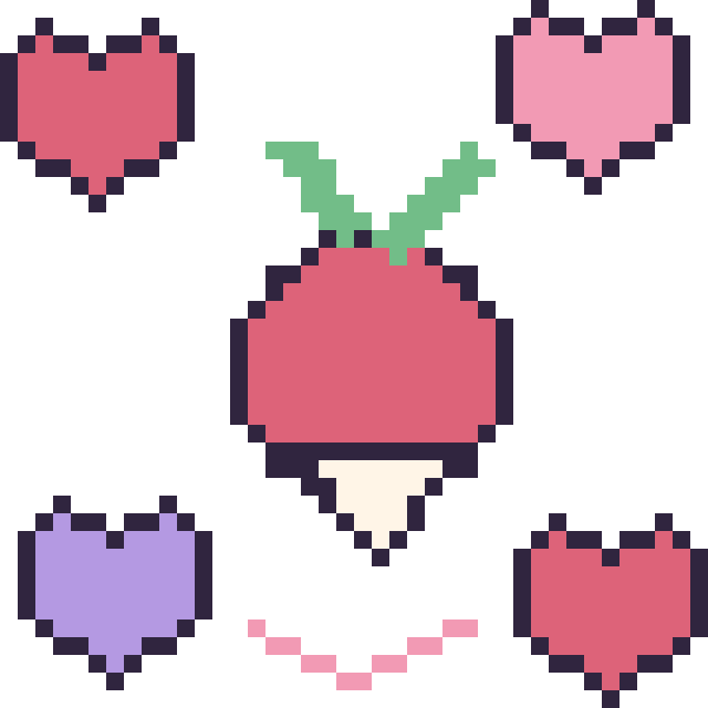 Modèle de pixel art Radis avec des cœurs sur une grille de 40 par 40 cases
