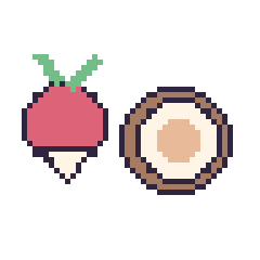Pixel art Radis et Noix de coco, grille 48 × 48