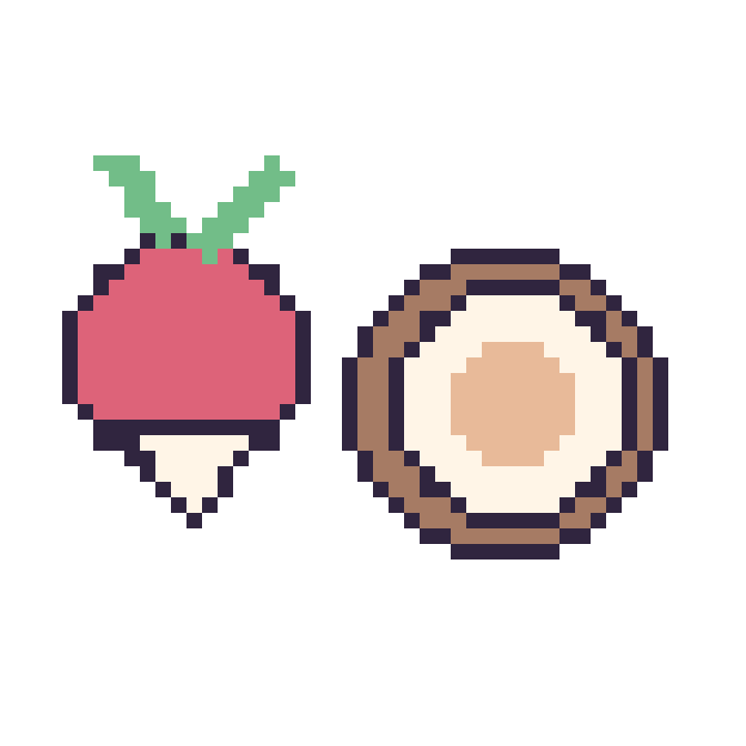 Modèle de pixel art Radis et Noix de coco sur une grille de 48 par 48 cases