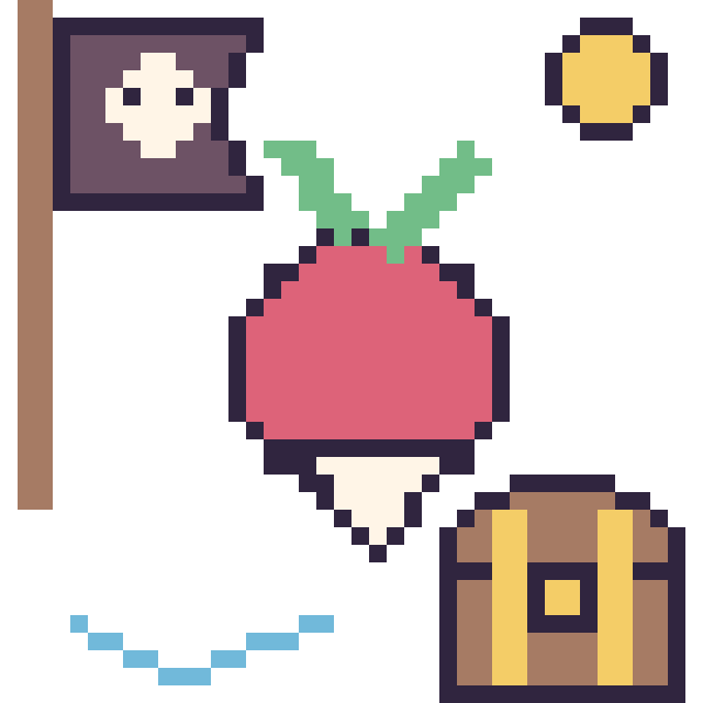 Modèle de pixel art Radis en aventure pirate sur une grille de 40 par 40 cases