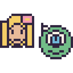 Pixel art Raiponce mini et Bob Razowski mini, grille 32 × 32